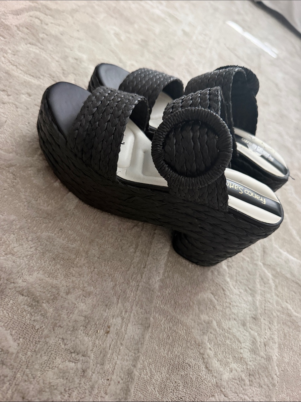 Franco Sarto Black Woven Platform Sandals with Oversized Buckle